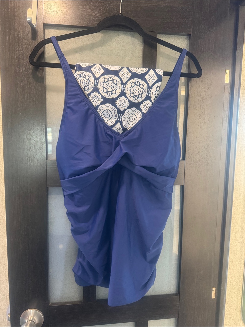 Yonique Women's Twist-Front Tankini Top in Royal Blue with patterned bottoms - X